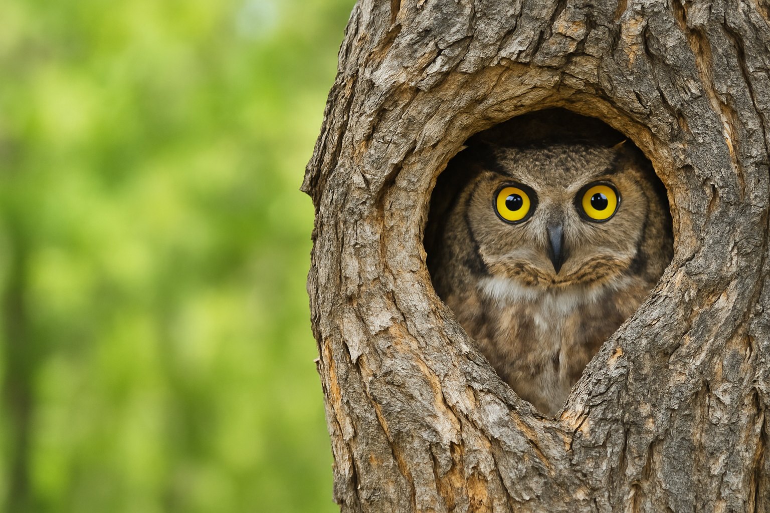Owl peeking out from a tree hollow, inviting visitors to get involved