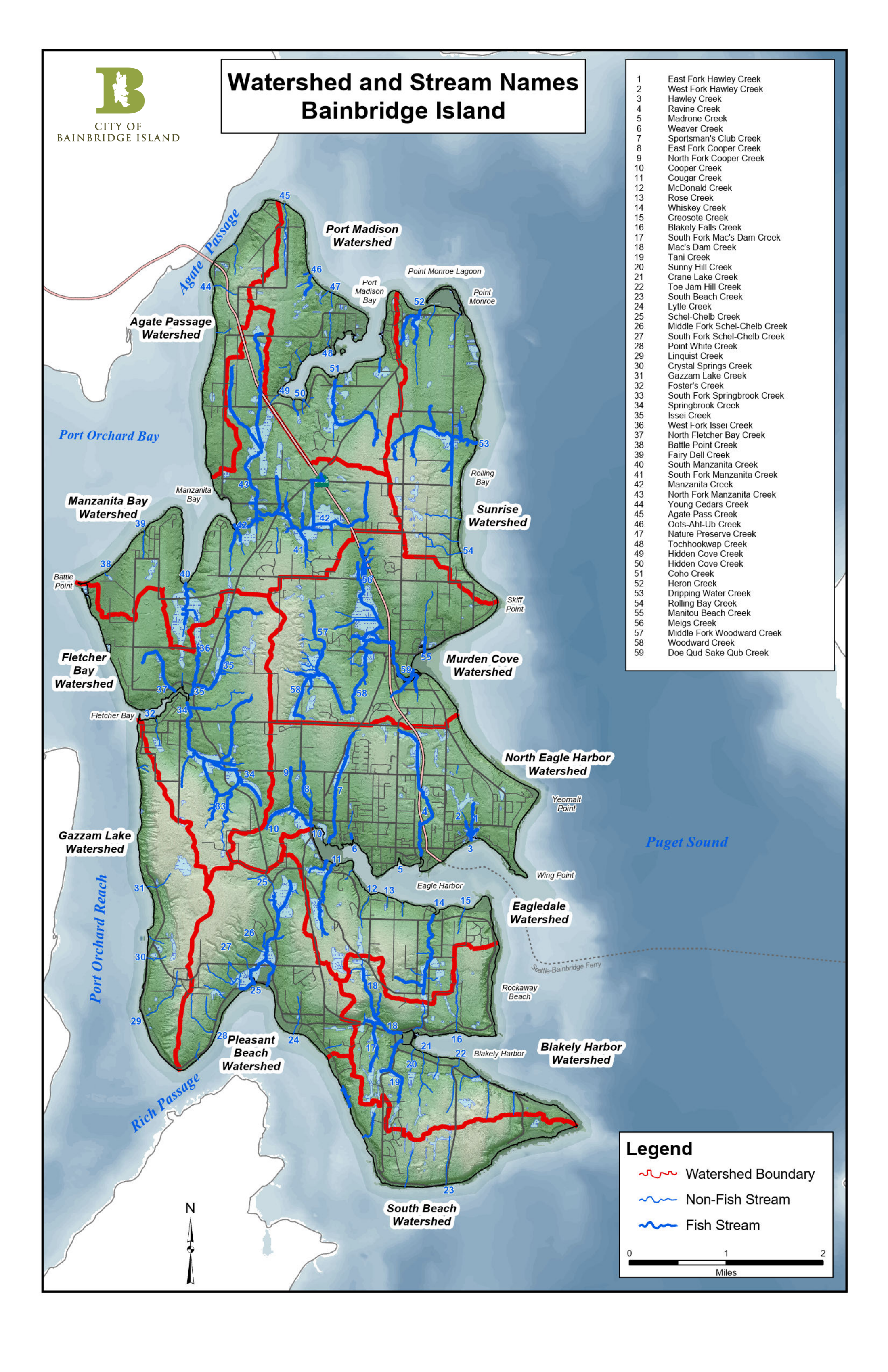 Bainbridge Island watersheds and stream names map (2024)